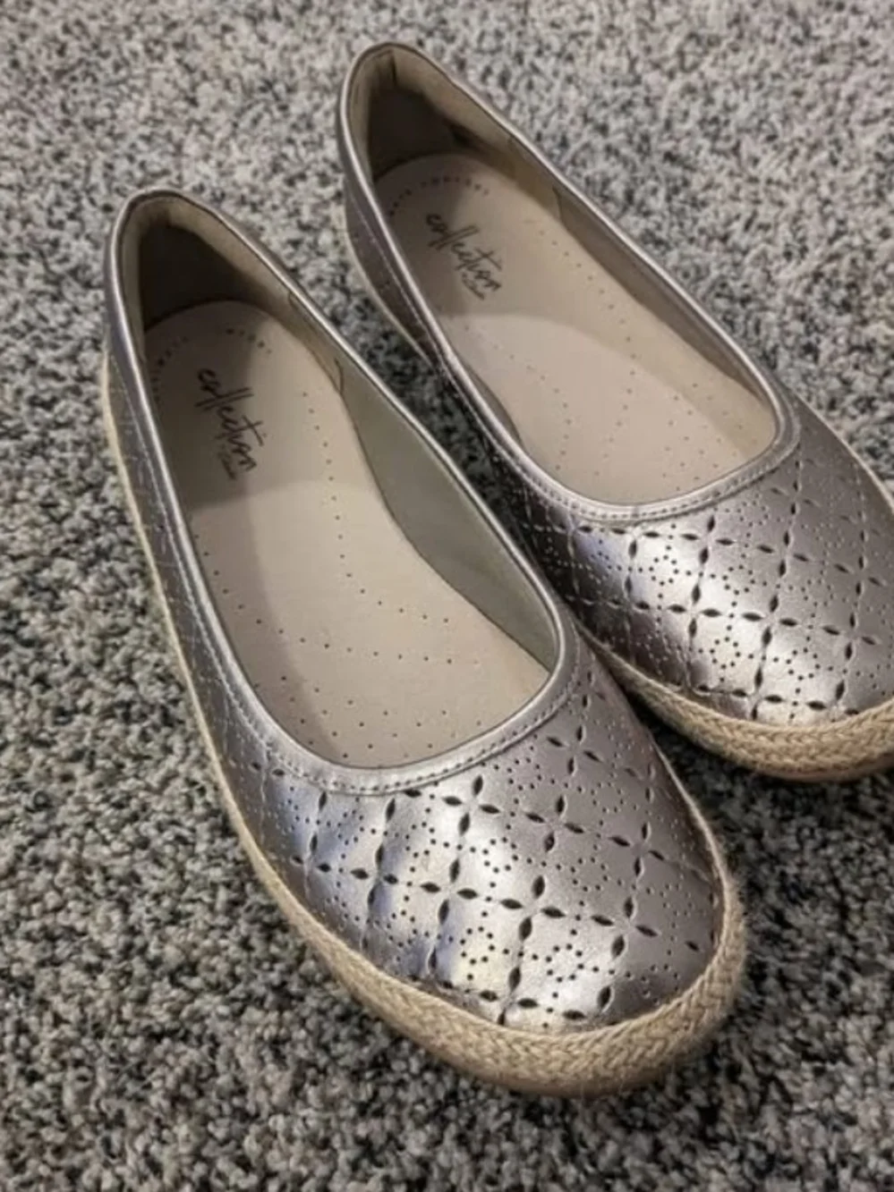 Clarks Metallic Gray Flats With Jute 9.5 Comfort Collection